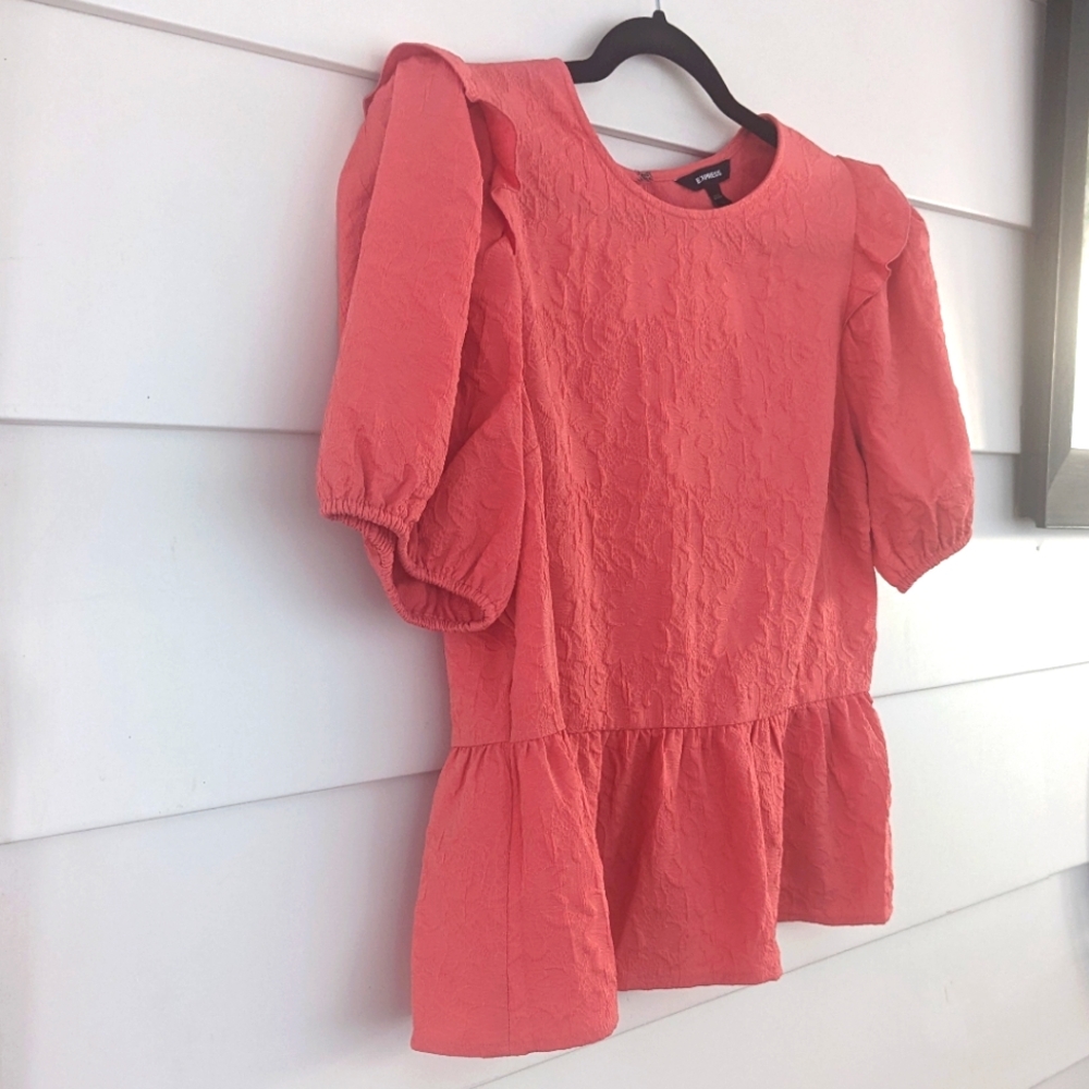 Express Coral-Peach Textured, Puffed sleeve, Women's Top, Size L